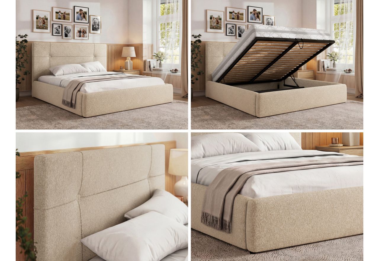 Łóżko tapicerowane CALERIO CLASSIC 160x200 - materac pocket - kremowy, struktura