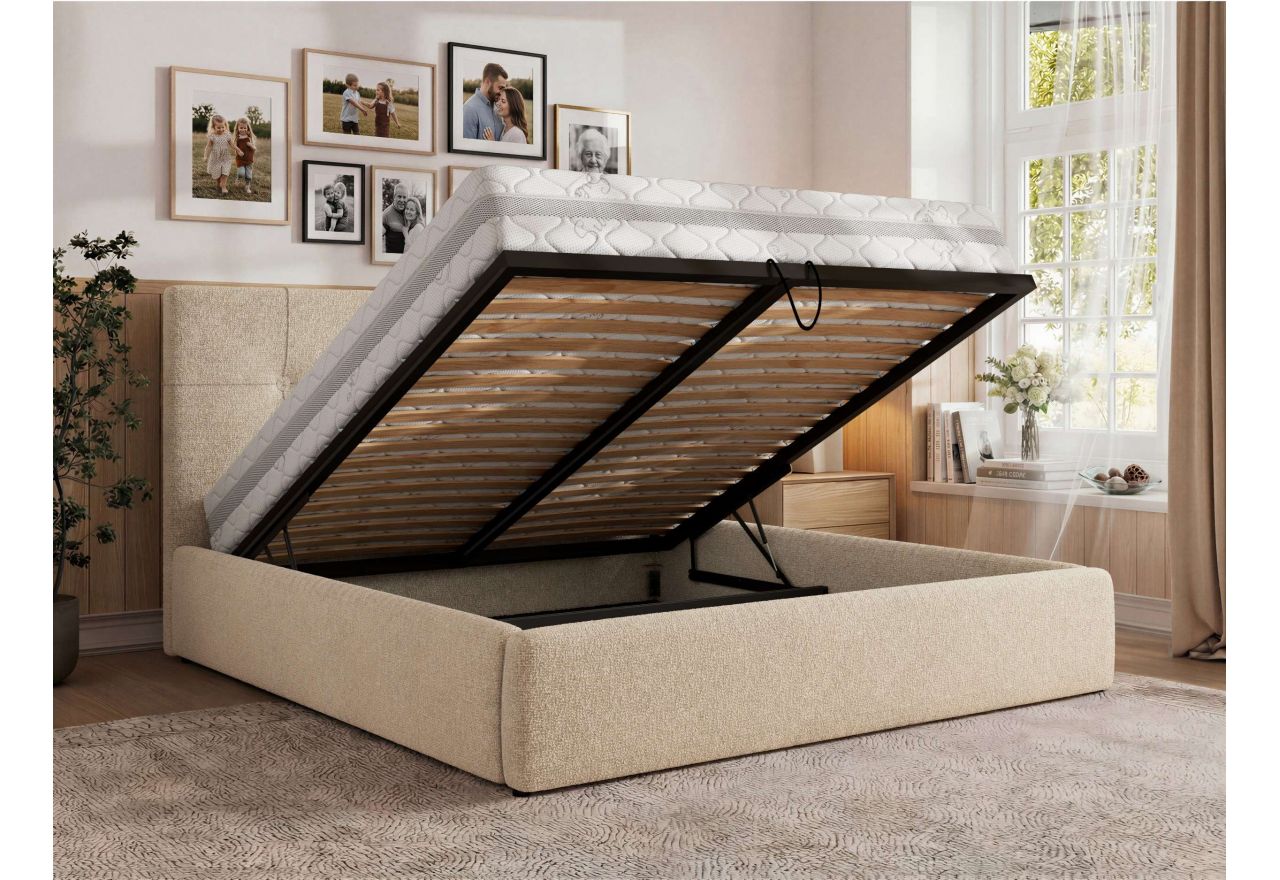 Łóżko tapicerowane CALERIO CLASSIC 180x200 - materac pocket - kremowy, struktura