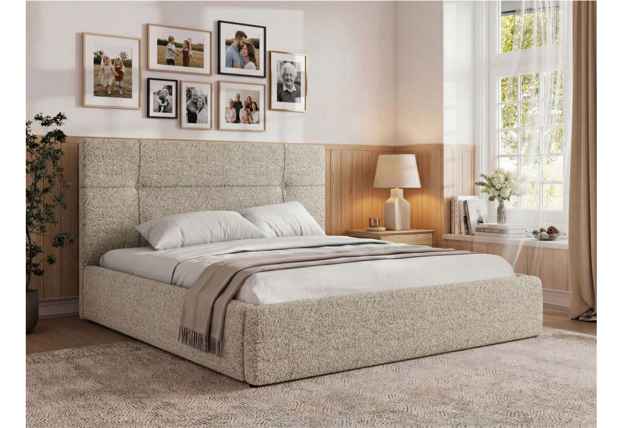 Łóżko tapicerowane CALERIO CLASSIC 200x200 - materac piankowy - beżowy, struktura