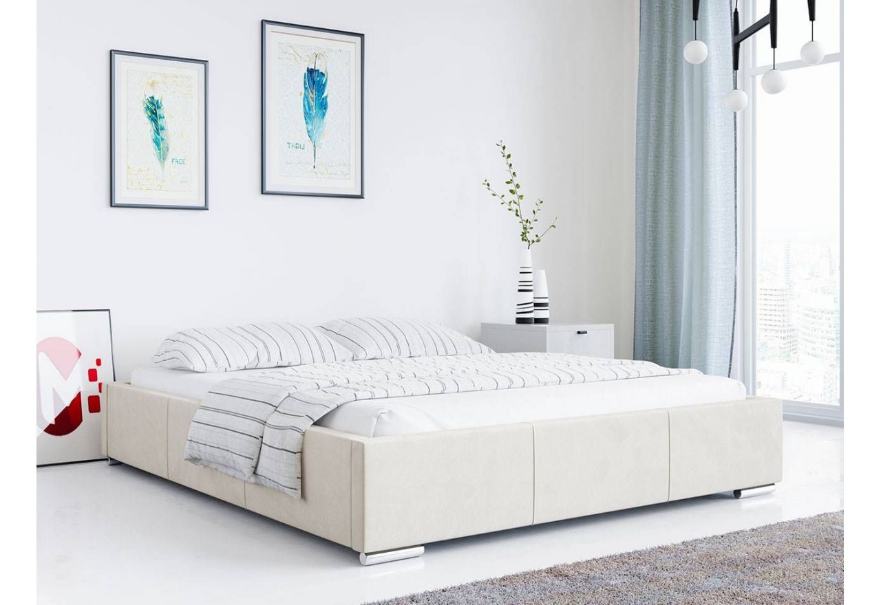 Modne łóżko tapicerowane, podwójne z opcją wyboru tkaniny do sypialni - UDEN w kremowym welwecie