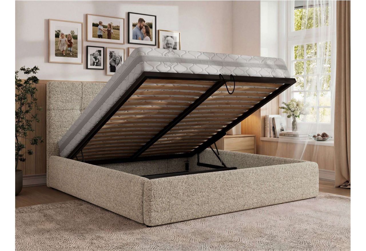 Łóżko tapicerowane CALERIO CLASSIC 160x200 - materac multipocket - beżowy, struktura