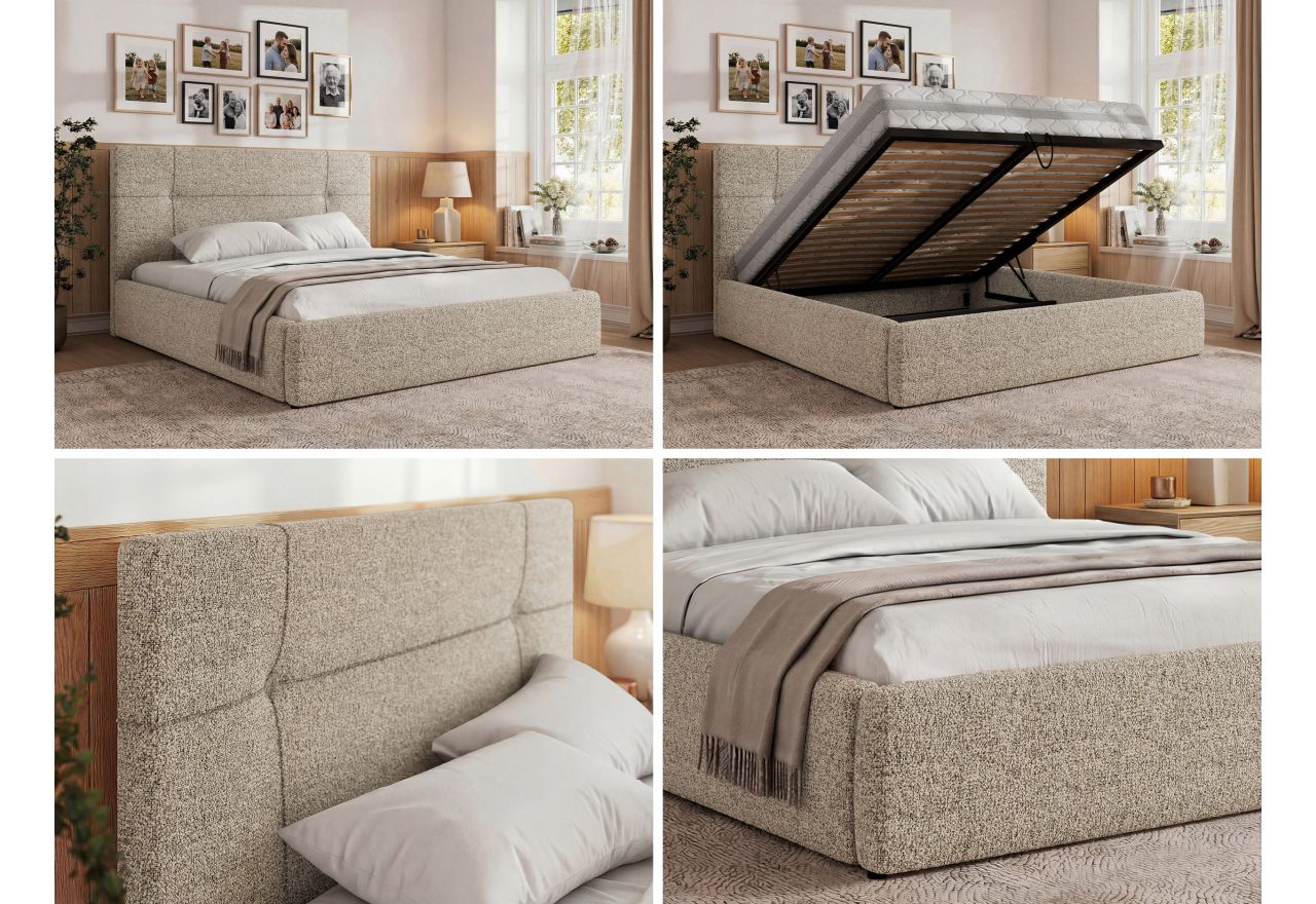 Łóżko tapicerowane CALERIO CLASSIC 180x200 - materac multipocket - beżowy, struktura