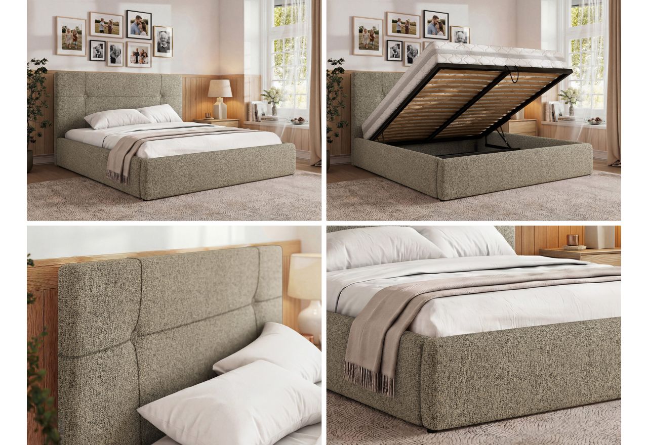 Łóżko tapicerowane CALERIO CLASSIC 140x200 - materac multipocket - ciemnobeżowy, struktura