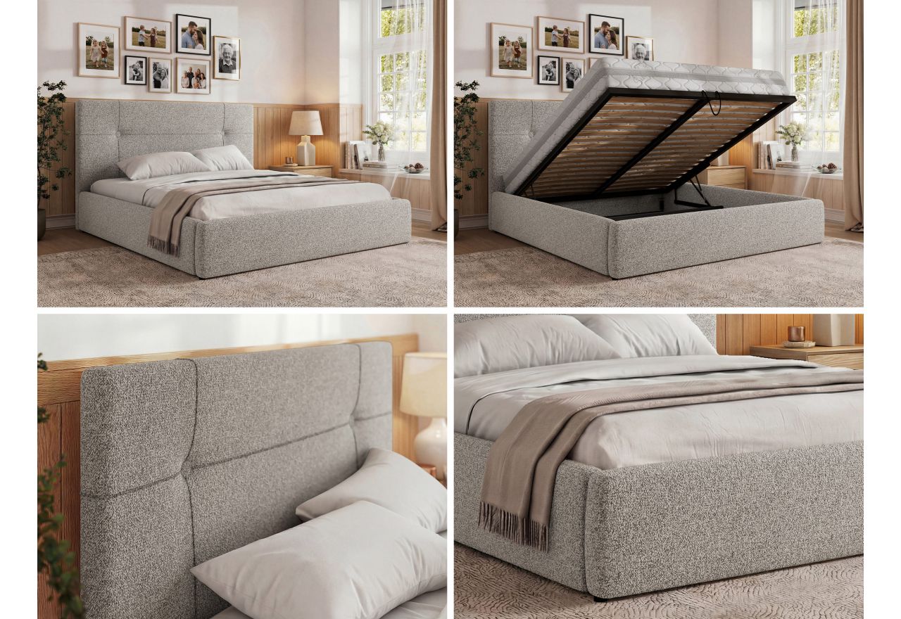 Łóżko tapicerowane CALERIO CLASSIC 180x200 - materac multipocket - jasnoszary, struktura