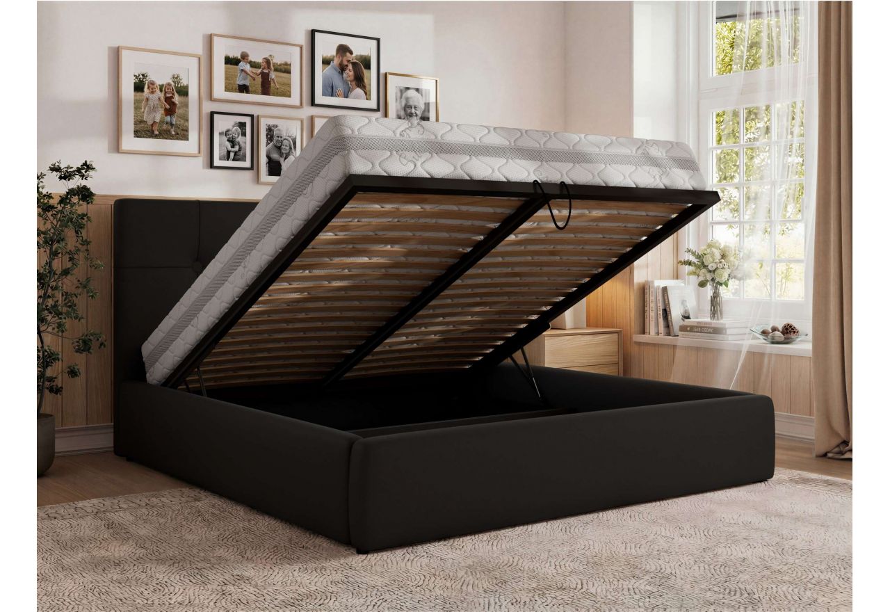 Łóżko tapicerowane CALERIO CLASSIC 180x200 - materac pocket - czarny, ekoskóra