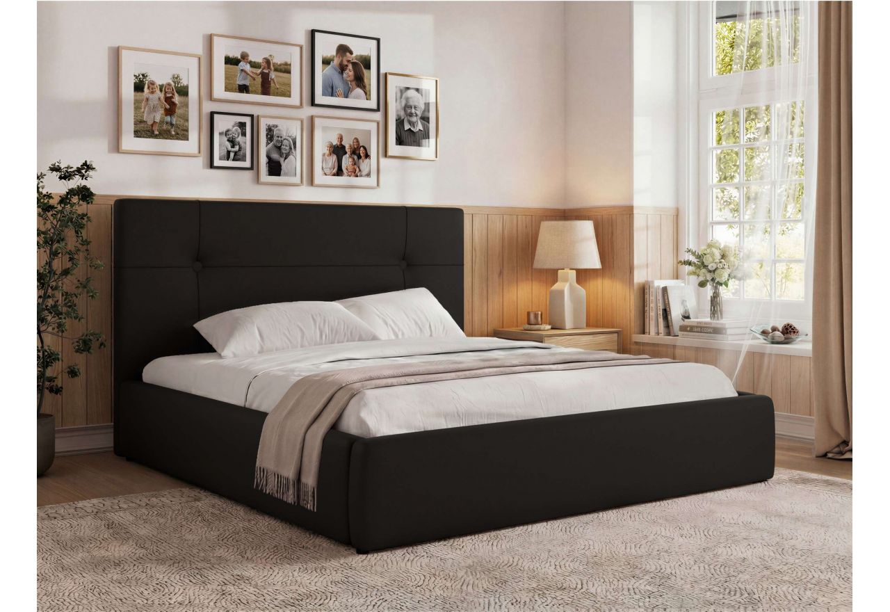 Łóżko tapicerowane CALERIO CLASSIC 160x200 - materac multipocket - czarny, ekoskóra
