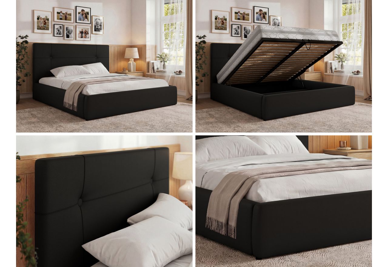 Łóżko tapicerowane CALERIO CLASSIC 200x200 - materac multipocket - czarny, ekoskóra
