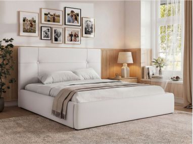 Łóżko tapicerowane CALERIO CLASSIC 140x200 - materac piankowy - biały, ekoskóra