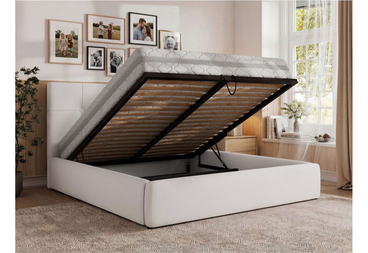 Łóżko tapicerowane CALERIO CLASSIC 140x200 - materac multipocket - biały, ekoskóra