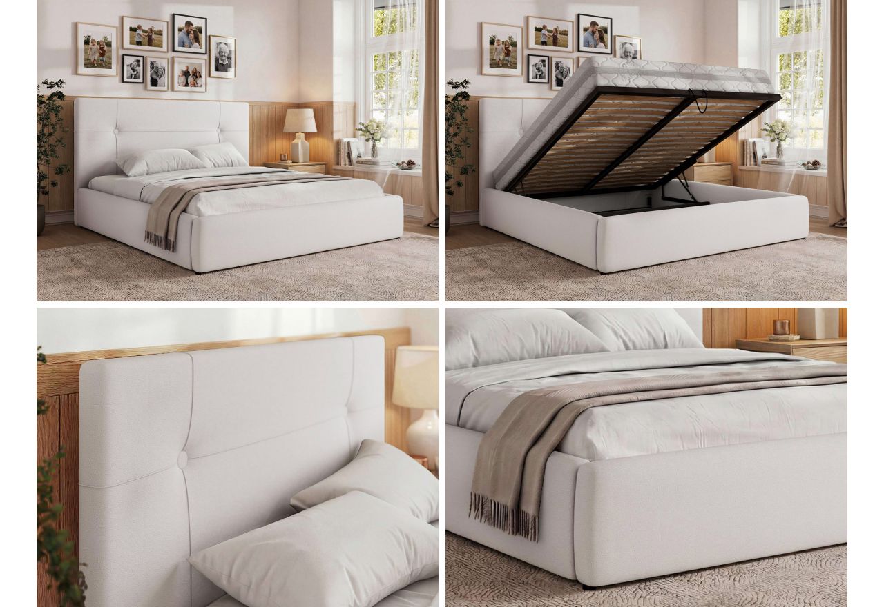 Łóżko tapicerowane CALERIO CLASSIC 180x200 - materac multipocket - biały, ekoskóra