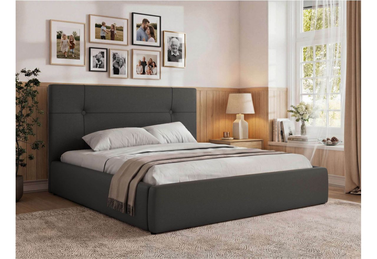 Łóżko tapicerowane CALERIO CLASSIC 160x200 - materac pocket - szary, ekoskóra