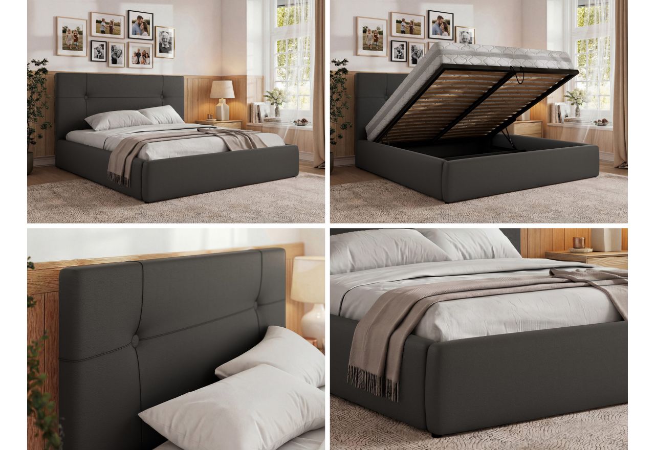 Łóżko tapicerowane CALERIO CLASSIC 200x200 - materac multipocket - szary, ekoskóra