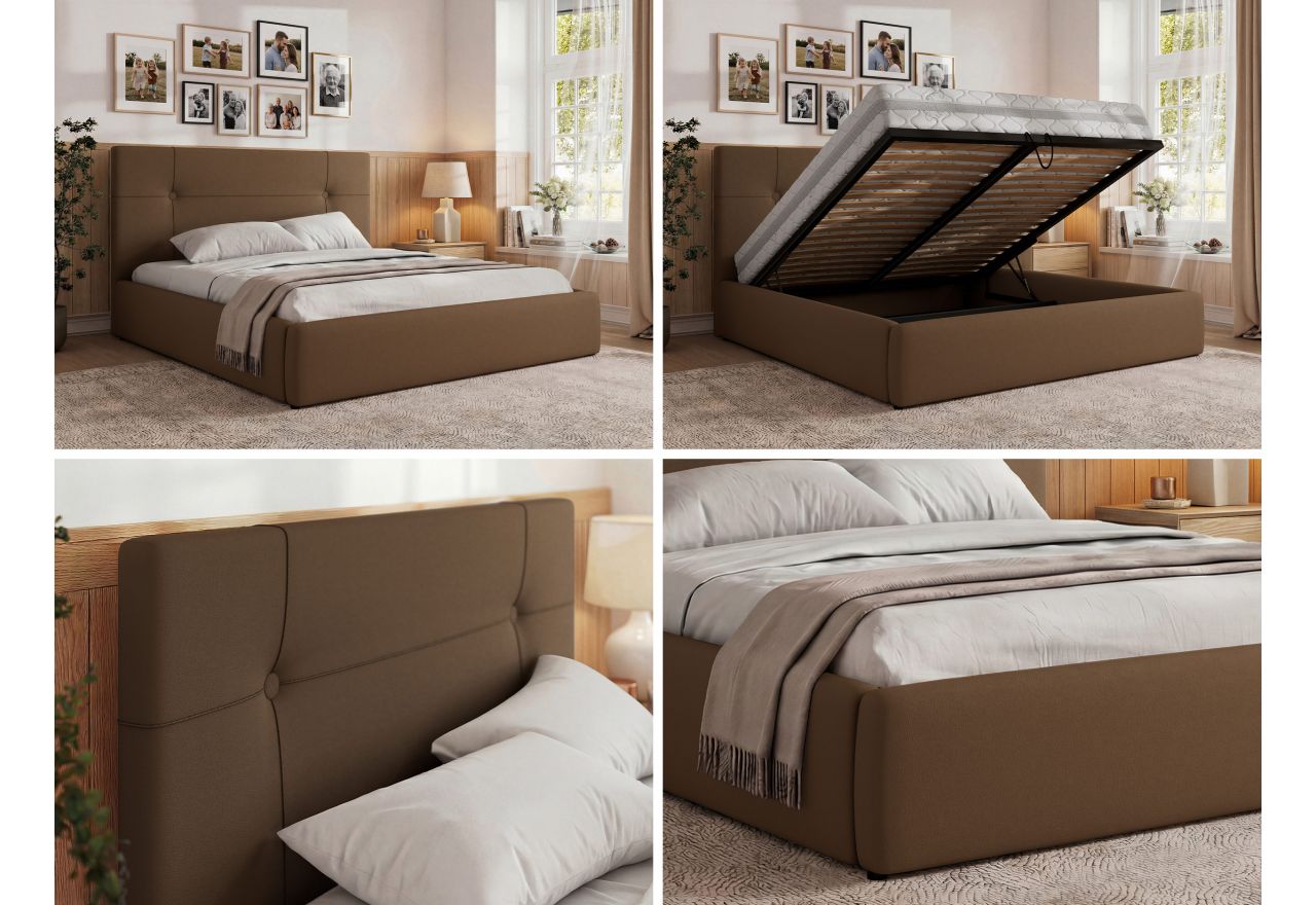 Łóżko tapicerowane CALERIO CLASSIC 180x200 - materac pocket - brązowy, ekoskóra