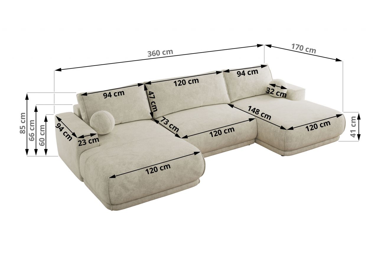 Narożnik RINA U - uniwersalny - kremowy, szenil grubo tkany