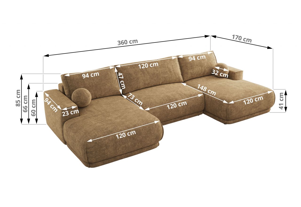 Narożnik RINA U - uniwersalny - jasnobrązowy, szenil grubo tkany