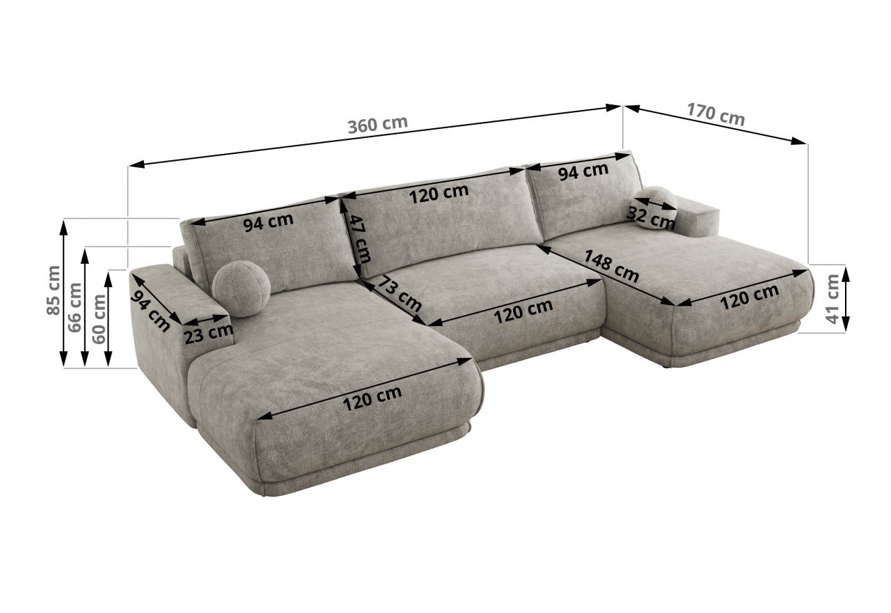 Narożnik RINA U - uniwersalny - jasnoszary, szenil grubo tkany