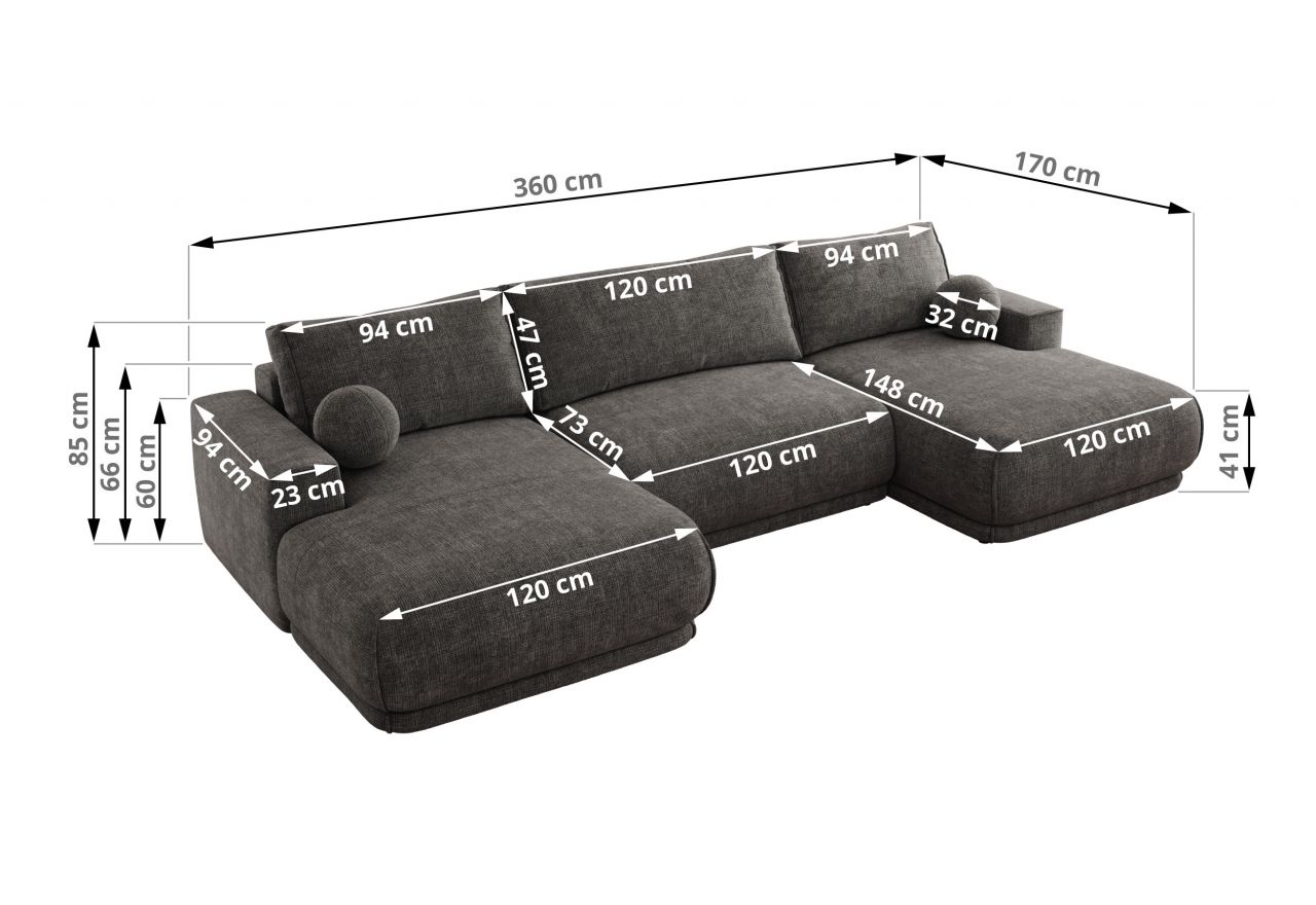 Narożnik RINA U - uniwersalny - szary, szenil grubo tkany