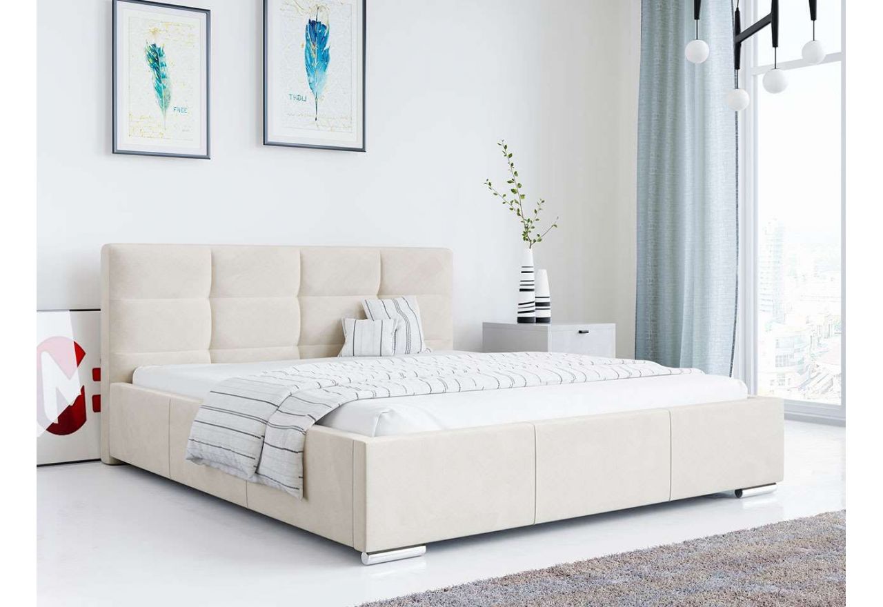 Łóżko tapicerowane z opcją wyboru tkaniny i stelaża do sypialni dla dwojga - LATON kremowa welwetowa tapicerka