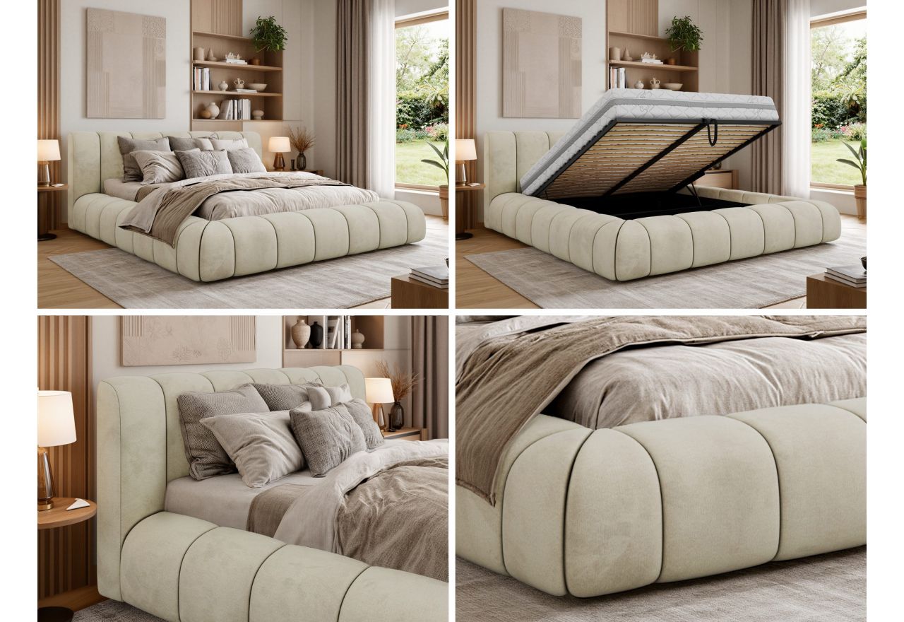 Łóżko tapicerowane NUEBA CLASSIC 160x200 - materac pocket - beżowy, welwet