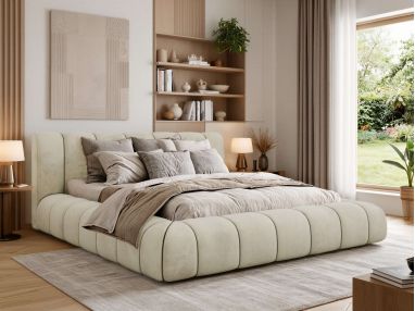 Łóżko tapicerowane NUEBA CLASSIC 200x200 - materac pocket - beżowy, welwet