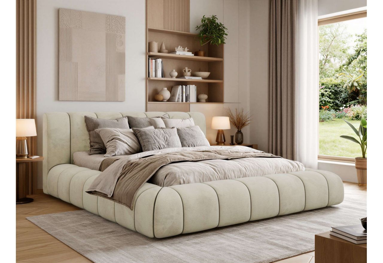 Łóżko tapicerowane NUEBA CLASSIC 200x200 - materac pocket - beżowy, welwet