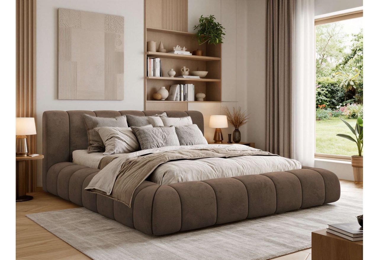 Łóżko tapicerowane NUEBA CLASSIC 140x200 - materac pocket - brązowy, welwet