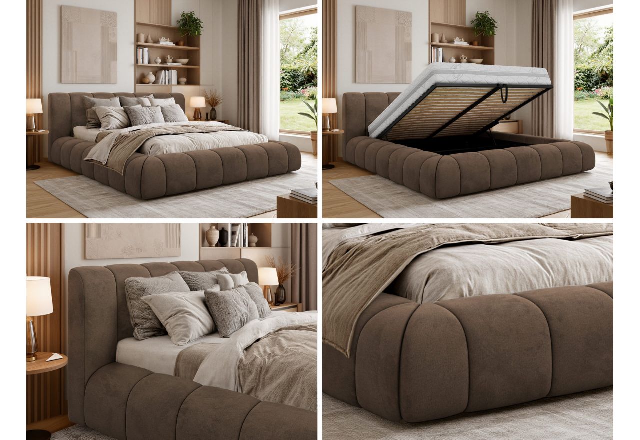 Łóżko tapicerowane NUEBA CLASSIC 140x200 - materac pocket - brązowy, welwet