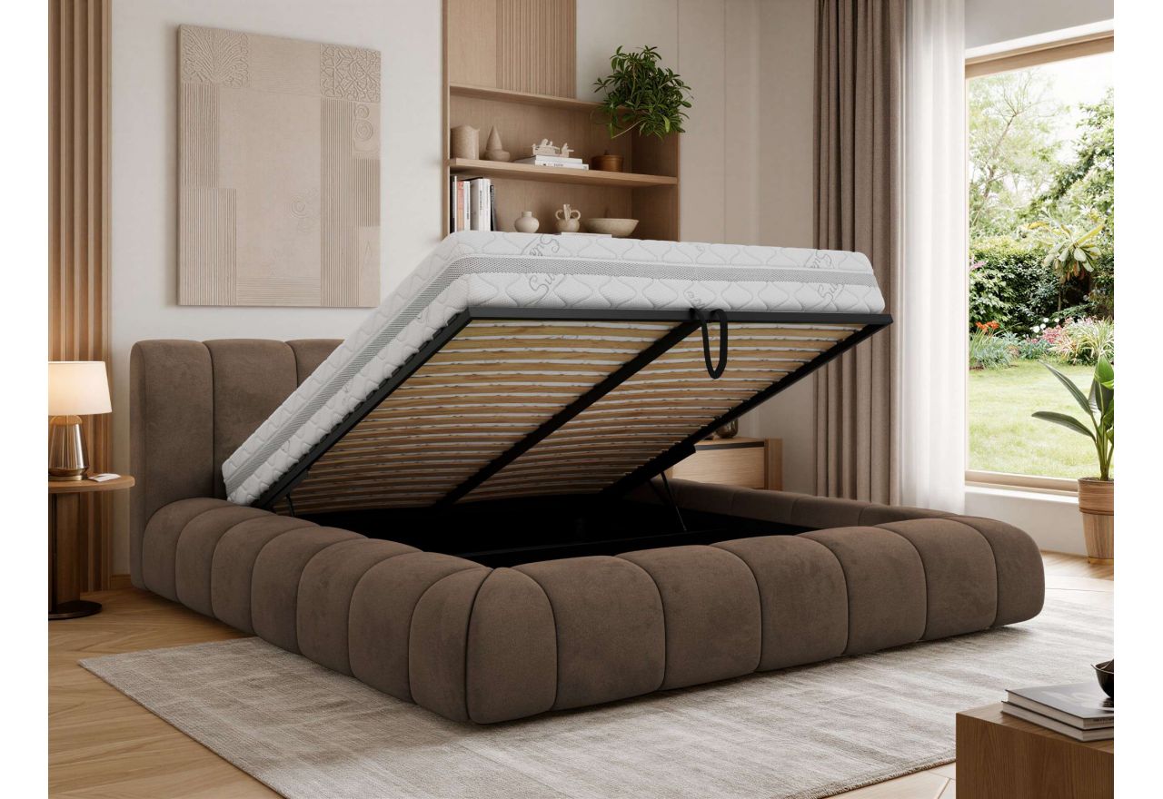 Łóżko tapicerowane NUEBA CLASSIC 200x200 - materac pocket - brązowy, welwet