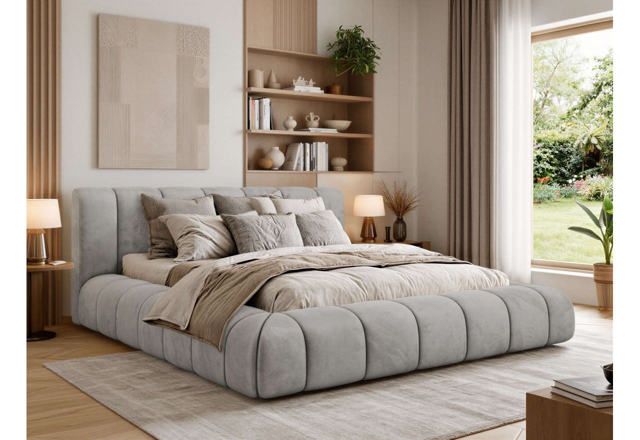 Łóżko tapicerowane NUEBA CLASSIC 160x200 - materac pocket - jasnoszary, welwet