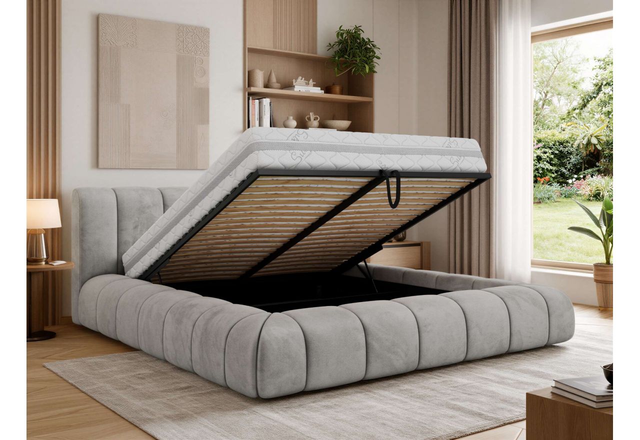Łóżko tapicerowane NUEBA CLASSIC 180x200 - materac pocket - jasnoszary, welwet