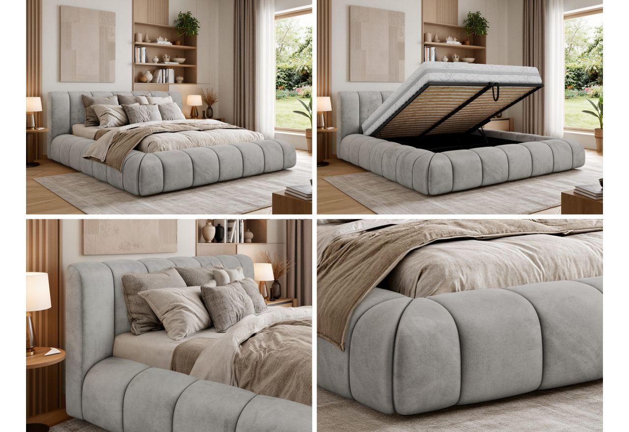 Łóżko tapicerowane NUEBA CLASSIC 200x200 - materac pocket - jasnoszary, welwet