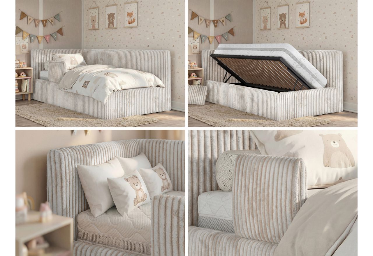 Łóżko dziecięce TILVO ALTA 90x200 - beżowy, sztruks - strona lewa