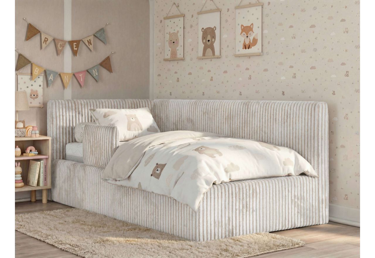 Łóżko dziecięce TILVO ALTA 90x200 - materac pocket - beżowy, sztruks - strona lewa