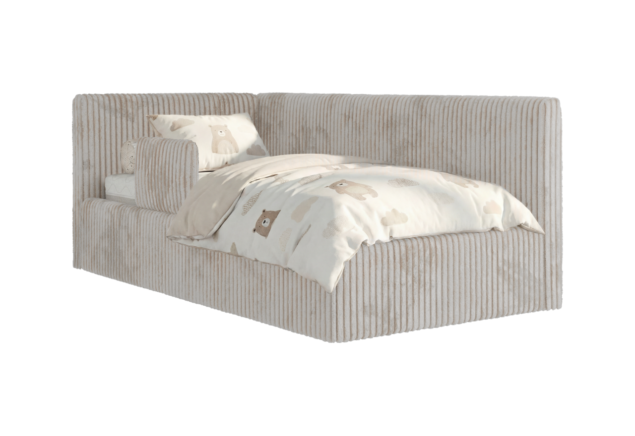 Łóżko dziecięce TILVO ALTA 90x200 - materac pocket - beżowy, sztruks - strona lewa