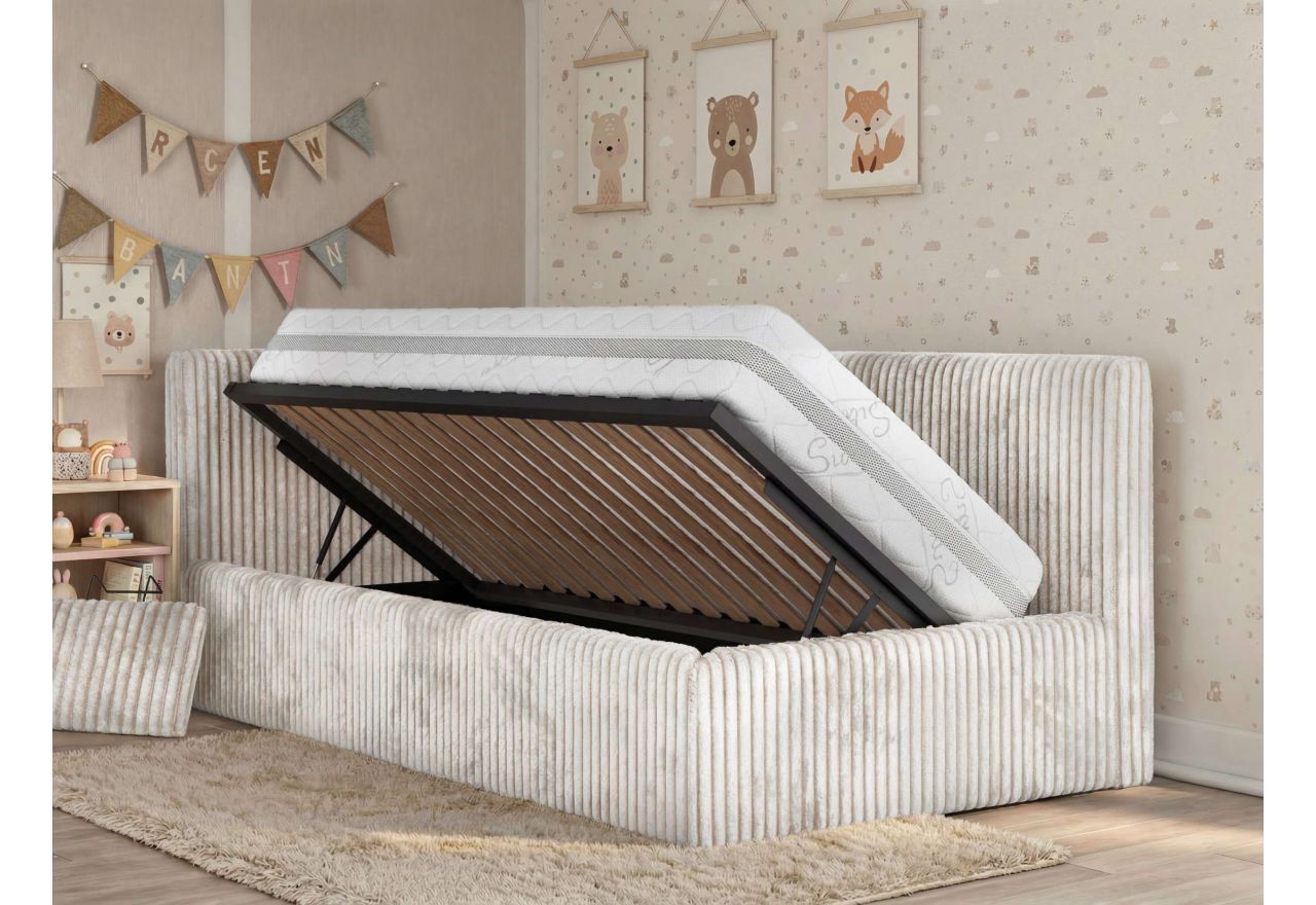 Łóżko dziecięce TILVO ALTA 90x200 - materac pocket - beżowy, sztruks - strona lewa