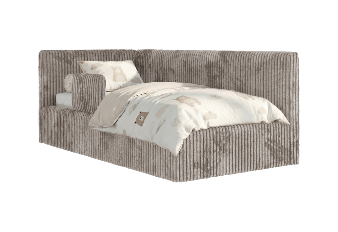 Łóżko dziecięce TILVO ALTA 90x200 - materac pocket - jasnobrązowy, sztruks - strona lewa