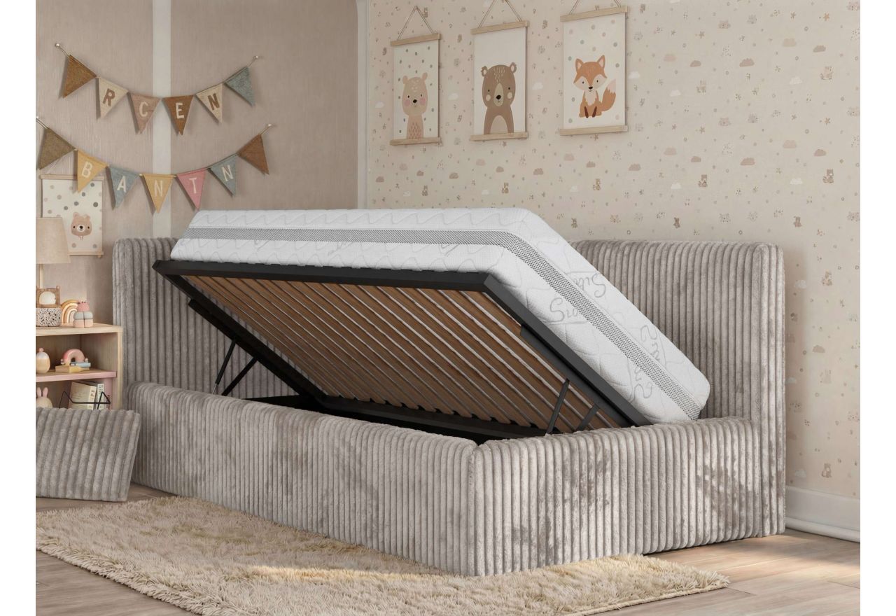 Łóżko dziecięce TILVO ALTA 90x200 - materac pocket - jasnobrązowy, sztruks - strona lewa