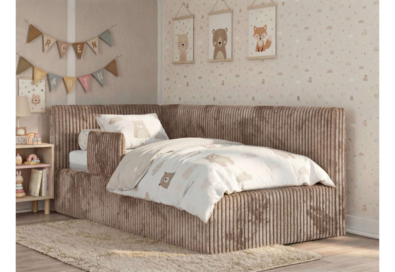 Łóżko dziecięce TILVO ALTA 90x200 - brązowy, sztruks - strona lewa