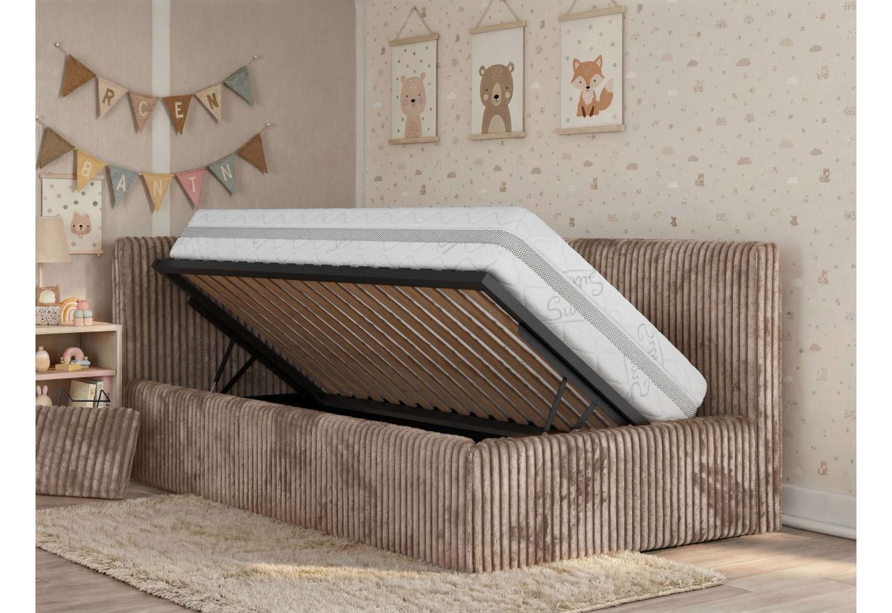 Łóżko dziecięce TILVO ALTA 90x200 - materac pocket - brązowy, sztruks - strona lewa