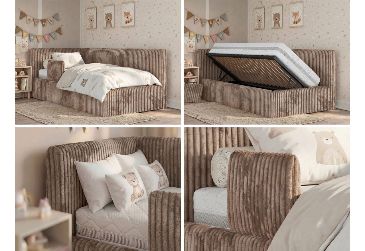 Łóżko dziecięce TILVO ALTA 90x200 - materac pocket - brązowy, sztruks - strona lewa