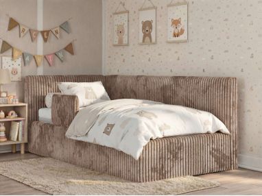 Łóżko dziecięce TILVO ALTA 90x200 - materac multipocket - brązowy, sztruks - strona lewa