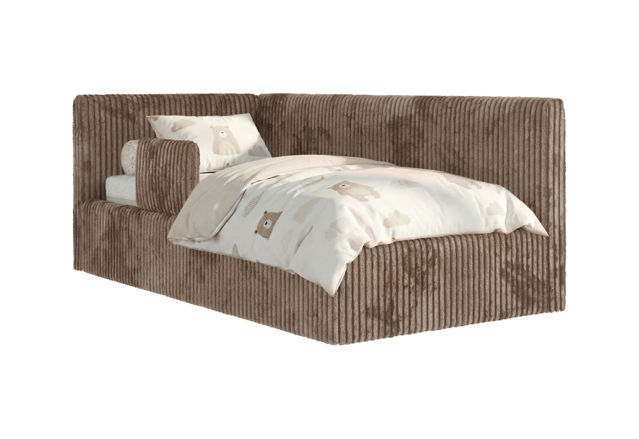 Łóżko dziecięce TILVO ALTA 90x200 - materac multipocket - brązowy, sztruks - strona lewa