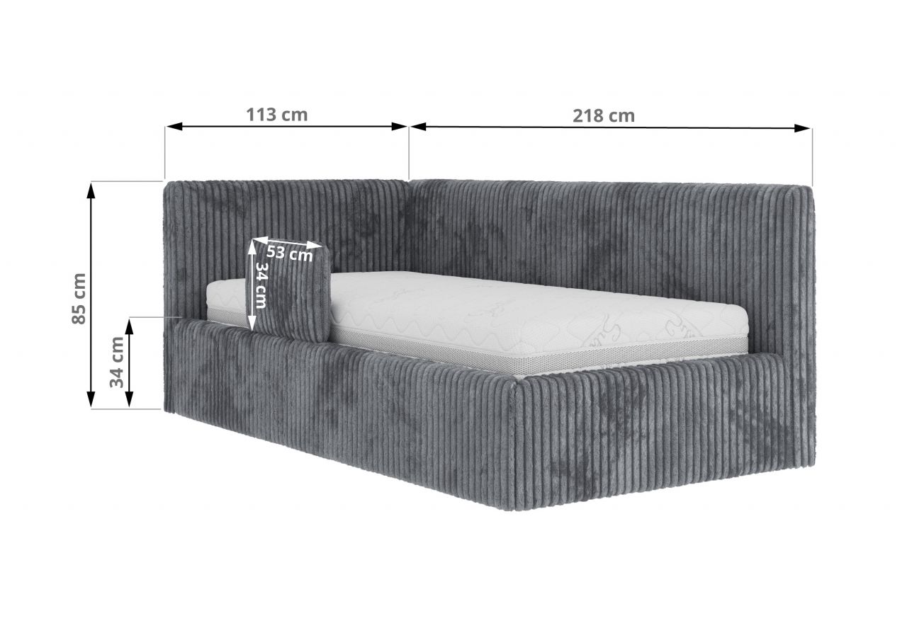 Łóżko dziecięce TILVO ALTA 90x200 - materac piankowy - szary, sztruks - strona lewa