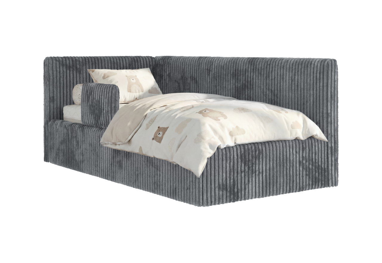 Łóżko dziecięce TILVO ALTA 90x200 - materac pocket - szary, sztruks - strona lewa