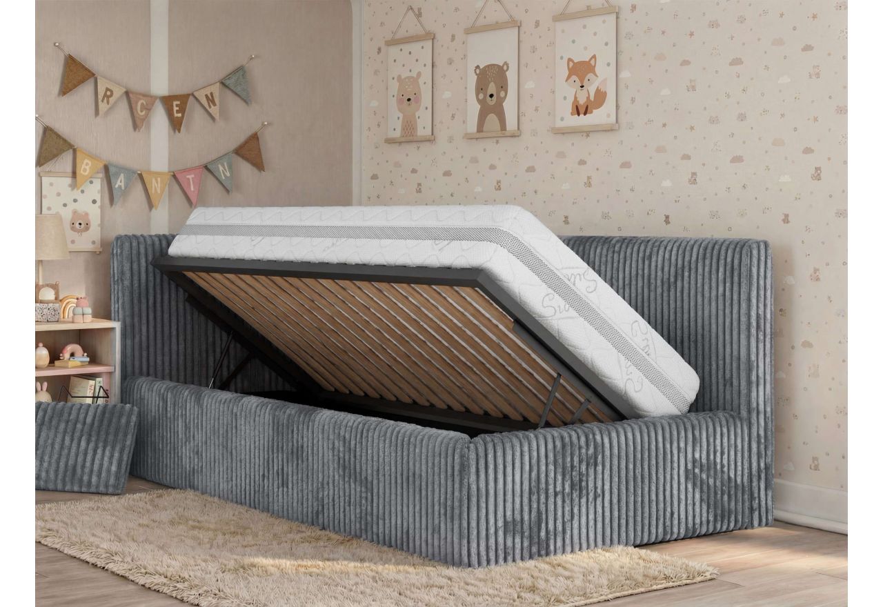 Łóżko dziecięce TILVO ALTA 90x200 - materac pocket - szary, sztruks - strona lewa