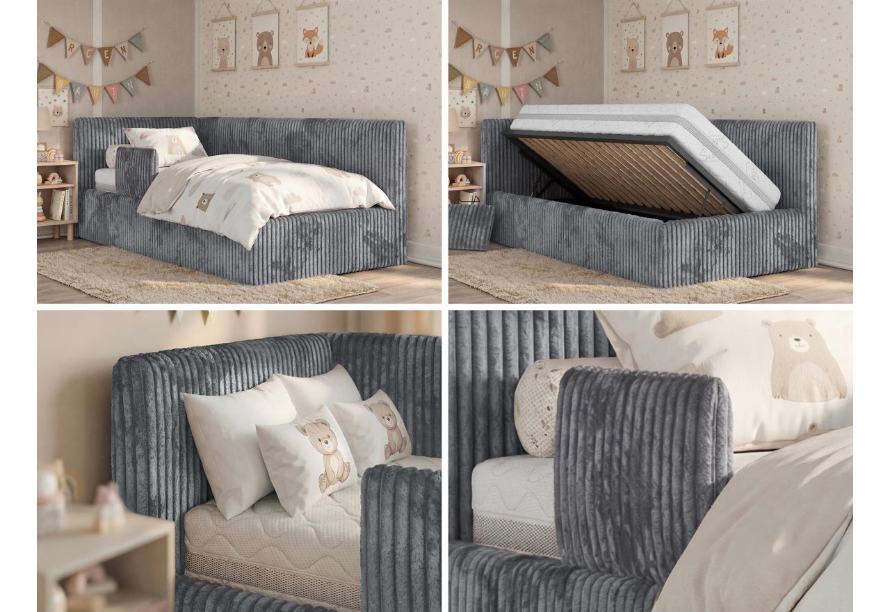 Łóżko dziecięce TILVO ALTA 90x200 - materac pocket - szary, sztruks - strona lewa