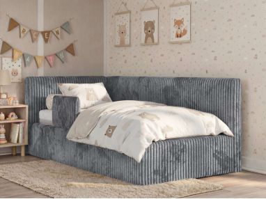 Łóżko dziecięce TILVO ALTA 90x200 - materac multipocket - szary, sztruks - strona lewa