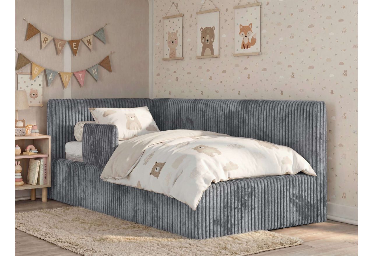 Łóżko dziecięce TILVO ALTA 90x200 - materac multipocket - szary, sztruks - strona lewa