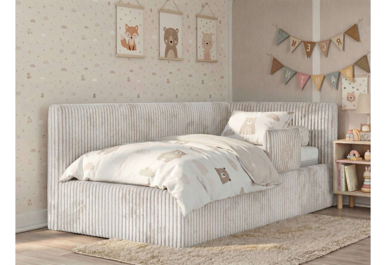 Łóżko dziecięce TILVO ALTA 90x200 - materac pocket - beżowy, sztruks - strona prawa