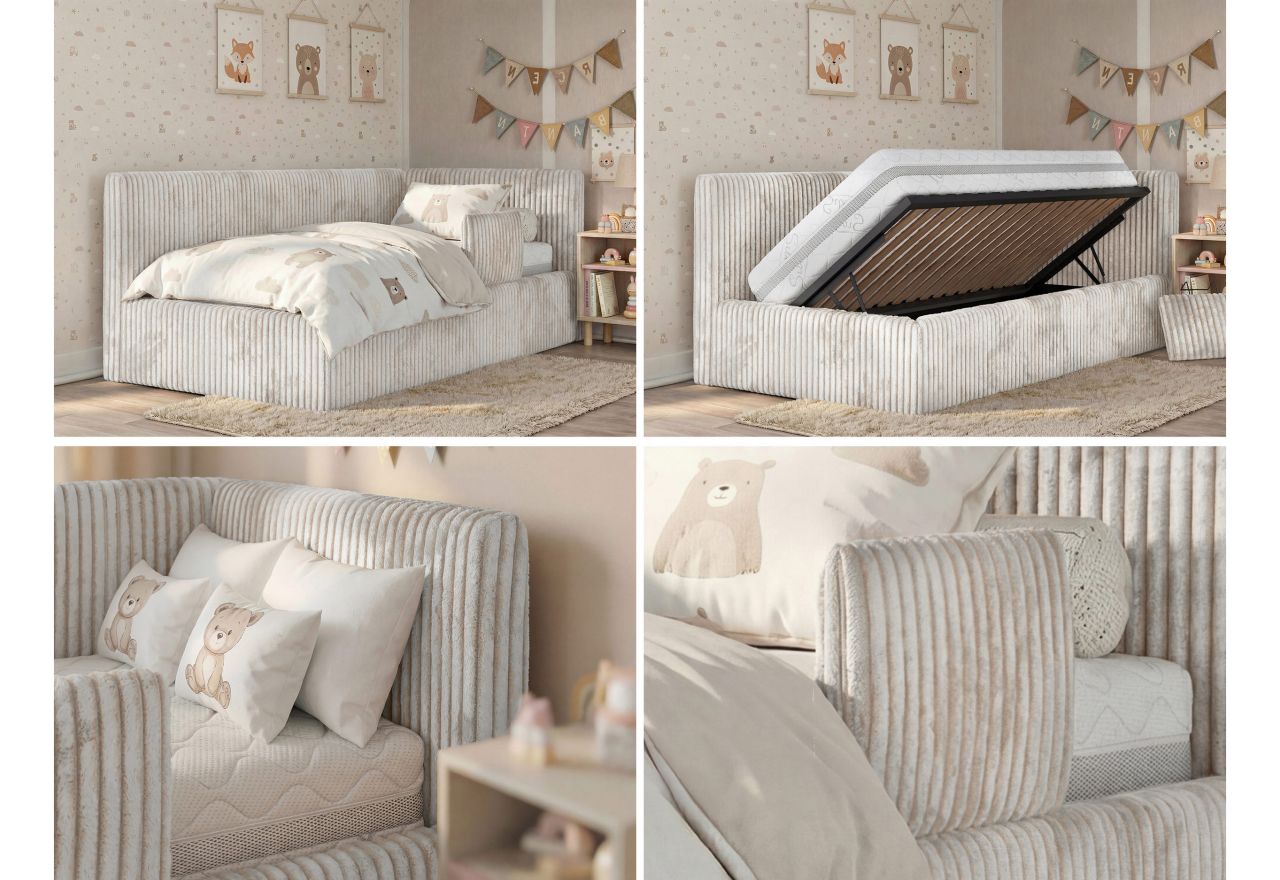 Łóżko dziecięce TILVO ALTA 90x200 - materac multipocket - beżowy, sztruks - strona prawa